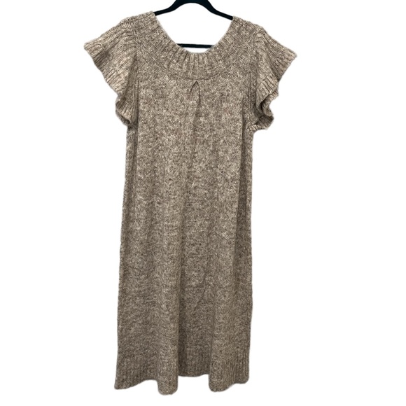 FOSSIL Alpaca Blend Knit Sweater Dress Oatmeal Sz L Cap Ruffle Sleeve V-Neck. - Picture 4 of 6